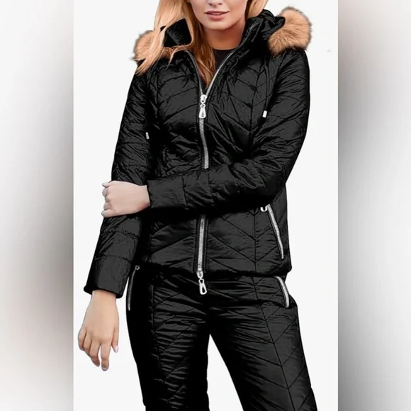 Black Women's Ski Set. Jacket W faux Fur and matching Pants Women’s Large - Picture 2 of 5